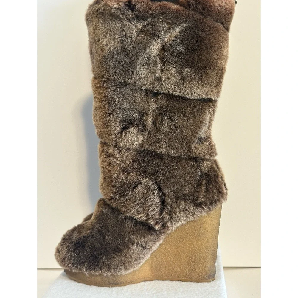 Tory Burch Womens 7 Kiki Sheep Shearling Fur Wedge Heel Boots Brown Pull On